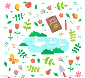 清新春天动物和花草元素设计