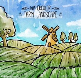 水彩绘农场风景矢量素材