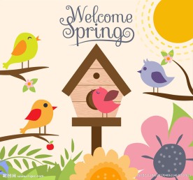 卡通春季鸟和花卉矢量素材