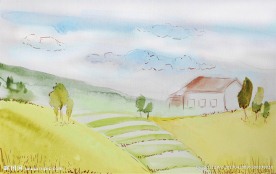 水彩绘郊外红色房屋风景矢量素材