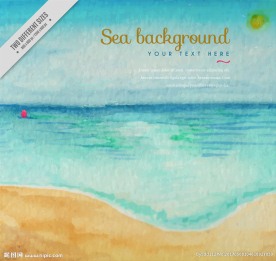 水彩绘平静海面和沙滩矢量素材