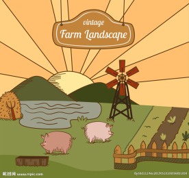 复古彩绘农场风景矢量素材