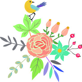 手绘卡通小鸟花朵花卉矢量图