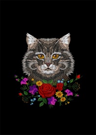 猫咪花朵花卉刺绣矢量图下载