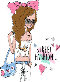手绘时尚女孩矢量图下载