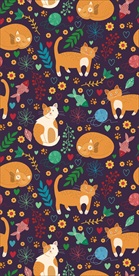 花朵花卉卡通猫四方连续底纹