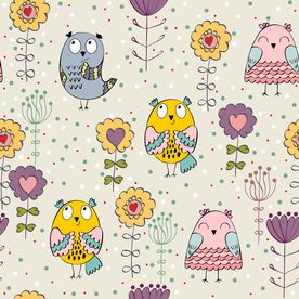 卡通花朵花卉猫头鹰四方连续底纹