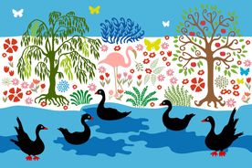 卡通花朵花卉树木火烈鸟黑天鹅