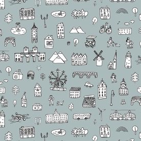 手绘卡通房子人物四方连续矢量图