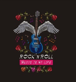 重金属乐器翅膀花朵绣花矢量图