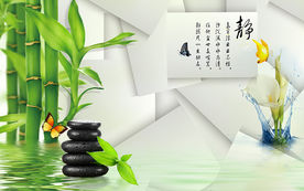 3d竹子鹅卵石马蹄莲静背景墙