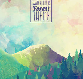 水彩绘森林山脉风景矢量素材