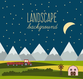 创意夜晚山边农场风景矢量素材