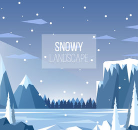 被雪覆盖的河流与山风景矢量图