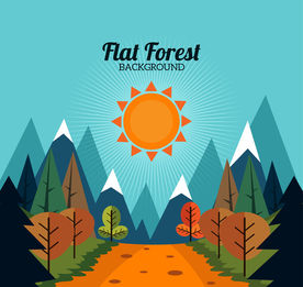 扁平化森林与雪山风景矢量素材