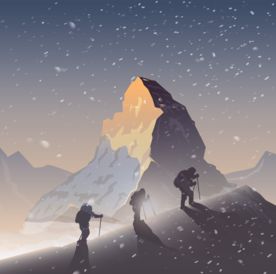 风雪中向山顶攀登的三个徒步旅行