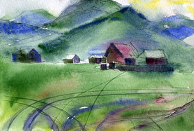 水彩山地风景画