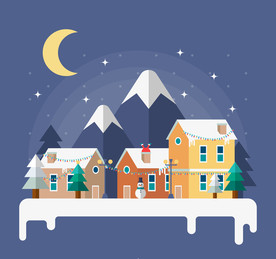 扁平化冬季山边建筑风景矢量图