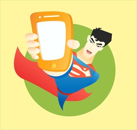 超人卡通形象拿手机创意画面