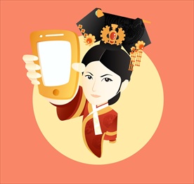 古装卡通美女拿手机创意矢量图