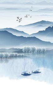 新中式淡色水墨山水画