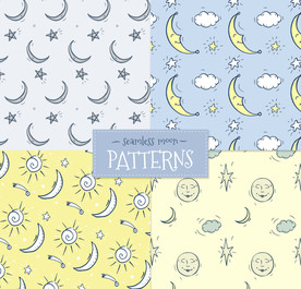 4款手绘月亮和星星无缝背景