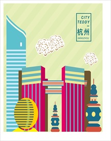 杭州城市邮票矢量图片
