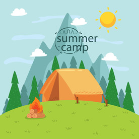 手绘卡通帐篷户外夏令营插画设计