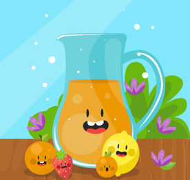 卡通橙汁和水果