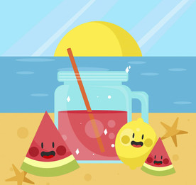 卡通沙滩上的果汁和水果