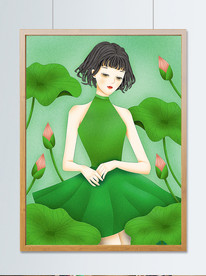 小清新夏天美女荷花手绘插画