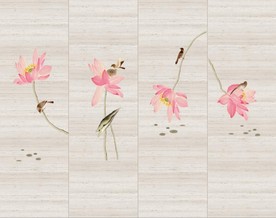 手绘荷花国画创意大理石玄关屏风