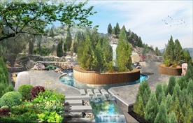 游园一角花坛水池假山效果图