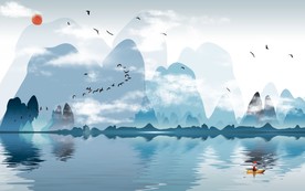 蓝色水墨山水装饰画背景墙