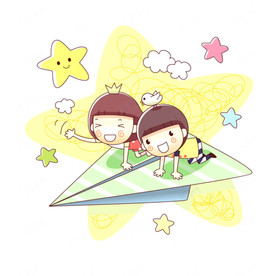 趴在纸飞机上飞的孩子