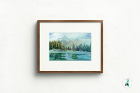 水彩风景装饰画-树林小木屋