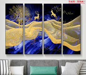 现代简约抽象金色线条麋鹿条幅画