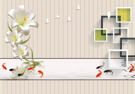 3D花朵九鱼电视背景墙