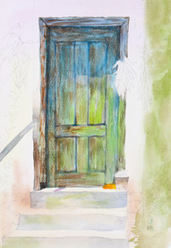 水彩绘画小院一角