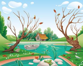 天空草地树林小溪和青蛙鸭子