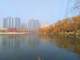 日暮下的公园湖泊风景