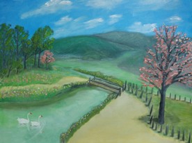 油画  春天鹅  小河花草风景