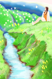 夏天小清新少女郊外欣赏风景插画