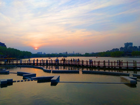 日暮下的公园湖泊美景