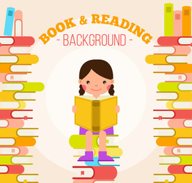 卡通坐在书堆上读书的女孩