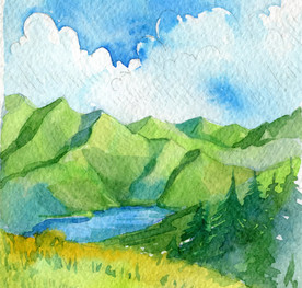 水彩绘山中湖泊风景