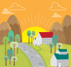 彩绘山间日落风景