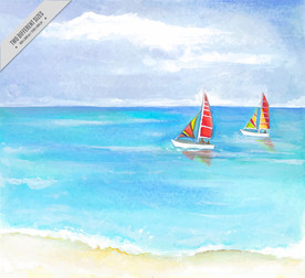 彩绘大海上的帆船风景