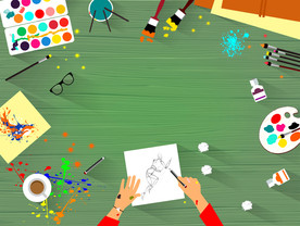 画家艺术家在工作室工作 - 艺