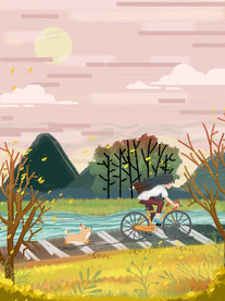 田野骑单车女孩插画